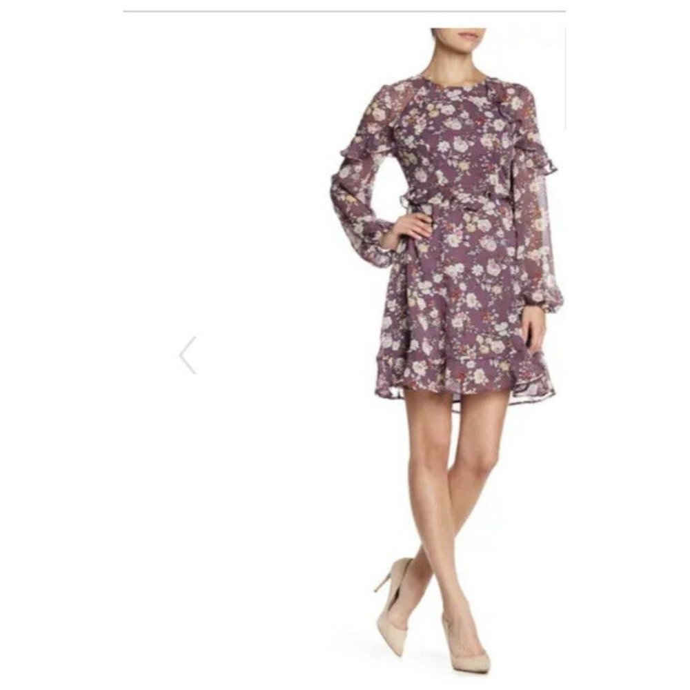 ASTR The Label Womens Purple Ruffle Floral Print Long Sleeve Dress Size M